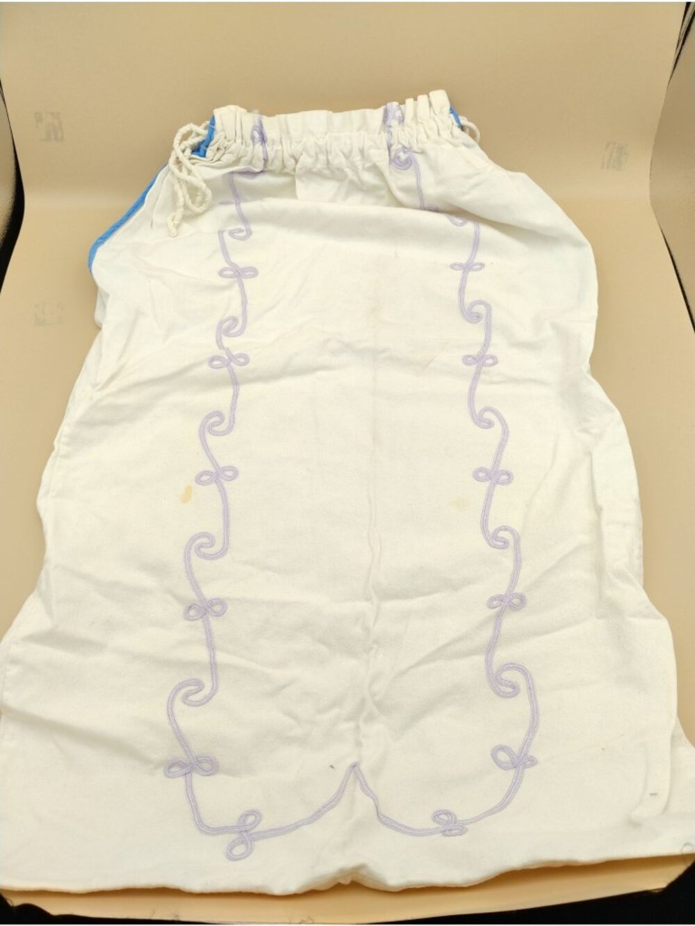 Vintage White Cotton Drawstring Laundry Bag Purple Embroidered Trim 24" X 16"